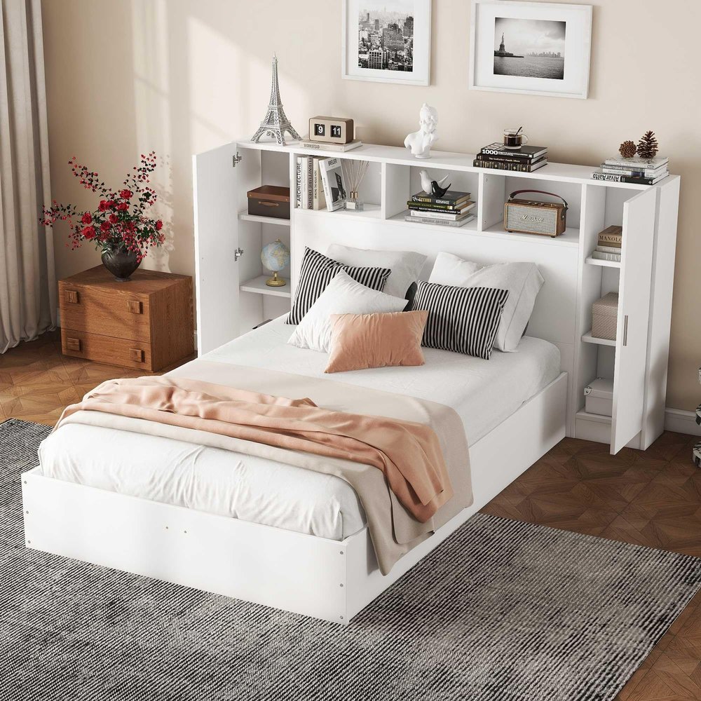 NIUAWASA White Platform Bed with Headboard and Multiple Storage Compartments, Simple Design and Sturdy Construction—Mattress Not Included