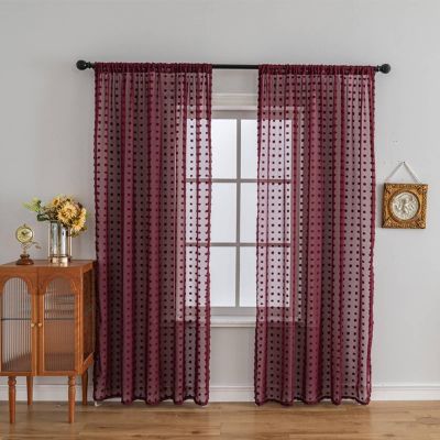 Beydodo Semi-Sheer Dark Red Curtains, 2-Piece Set, Rod Pocket, 140 x 245 cm, Solid Color with Pompoms