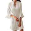 Women's Silk-Like Kimono Robe with Ruffled Sleeves, White, S view 1