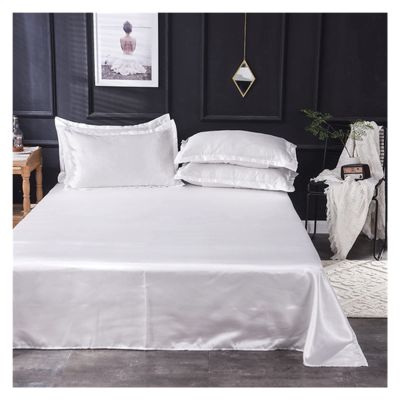 HKYBCF Ice Silk Flat Bed Sheet Set, Solid Color, Satin, Queen Size, White, 2 Pillowcases (48 x 74)