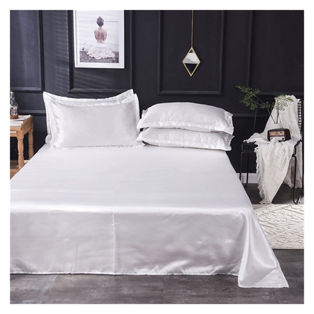 HKYBCF Ice Silk Flat Bed Sheet Set, Solid Color, Satin, Queen Size, White, 2 Pillowcases (48 x 74)
