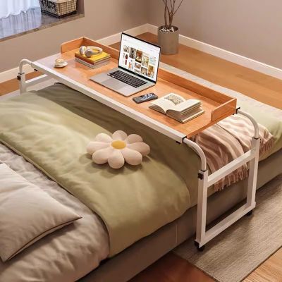 ZHFASDS Overbed Table, Height- and Width-Adjustable, Rolling Laptop Desk with Wheels (Wood)
