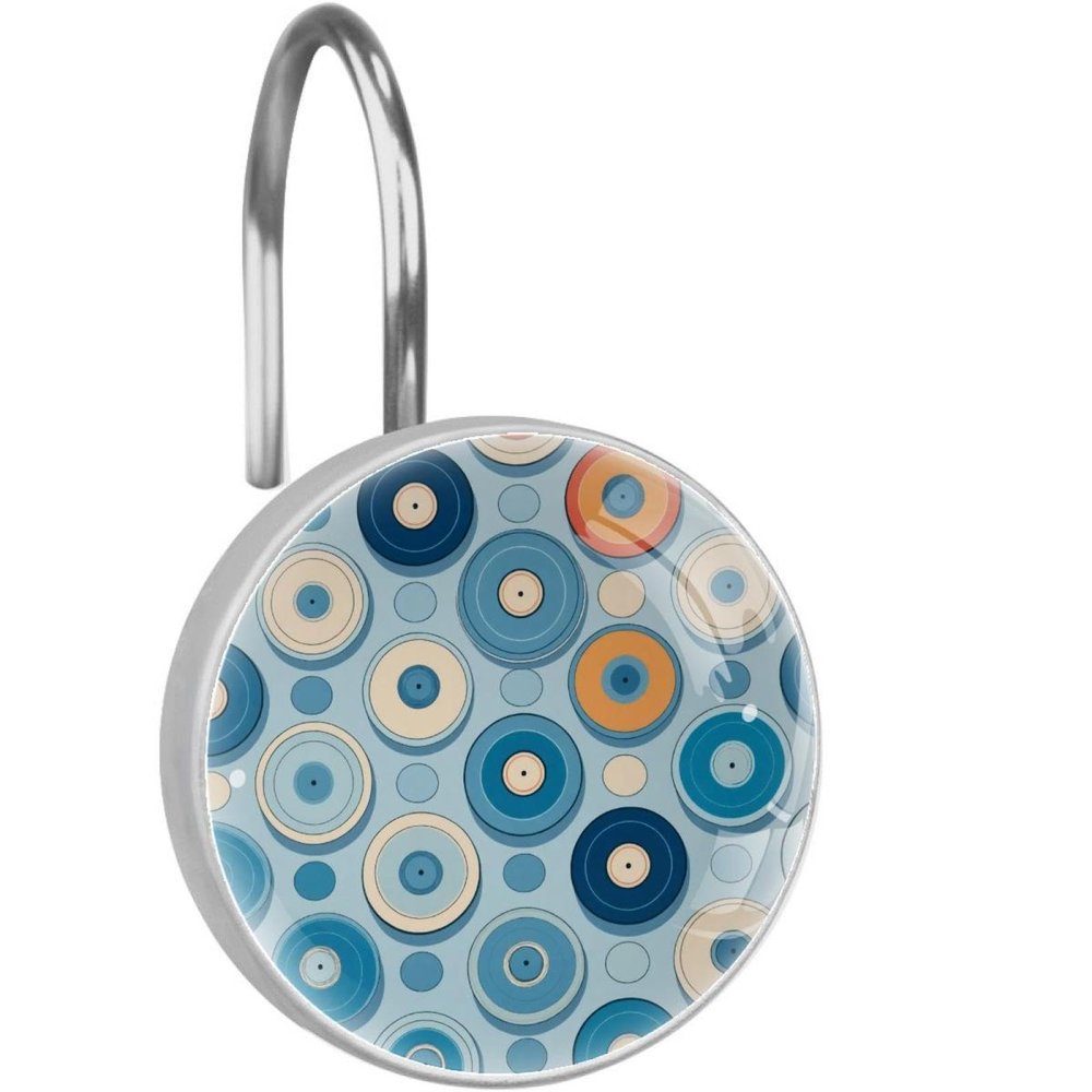 12-Piece Stainless Steel Shower Curtain Hooks with Crystal Glass, Blue Vinyl Record Pattern