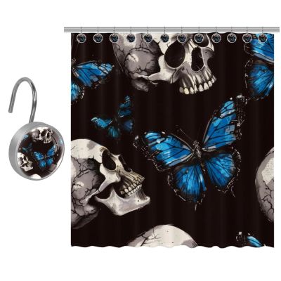 Eslifey Shower Curtain with 10 Hooks, Skull Blue Butterfly Pattern, 168 x 183 cm