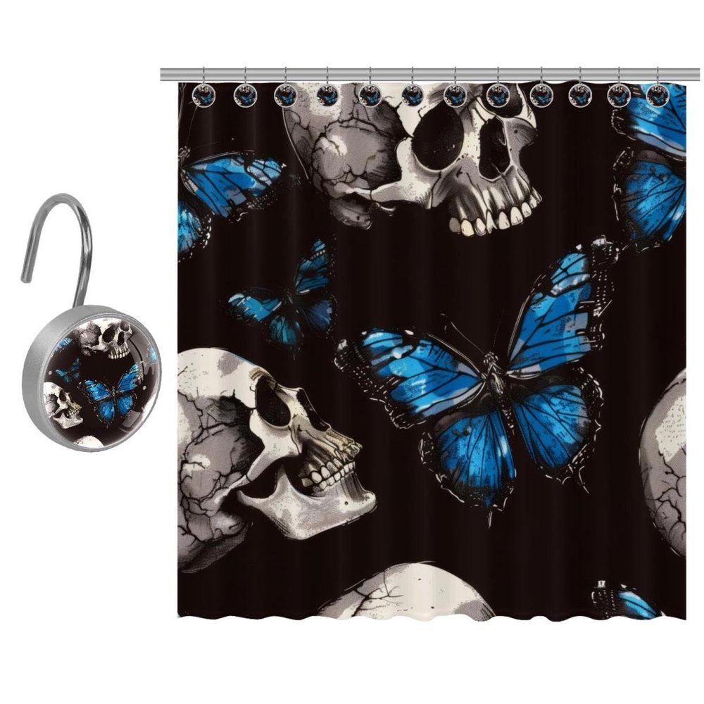 Eslifey Shower Curtain with 10 Hooks, Skull Blue Butterfly Pattern, 168 x 183 cm