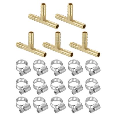 QUARKZMAN 5-Piece 3-Way Brass Hose Connector Set, 6 mm T-Fittings with 15 Hose Clamps for Water, Fuel and Air