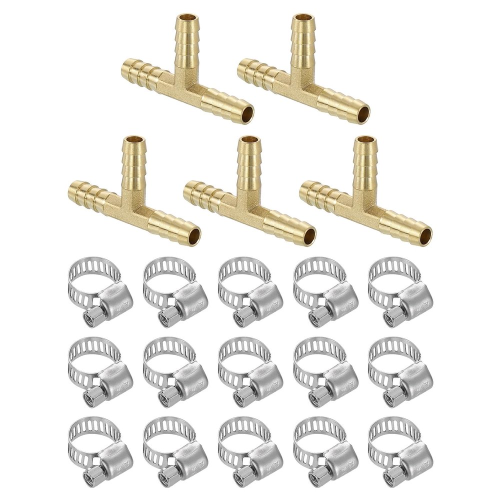 QUARKZMAN 5-Piece 3-Way Brass Hose Connector Set, 6 mm T-Fittings with 15 Hose Clamps for Water, Fuel and Air