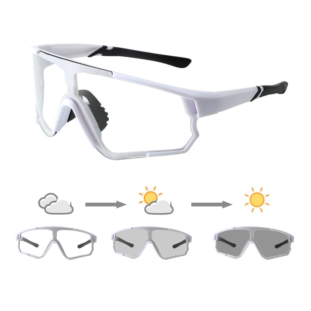 Long Keeper Photochromic Clear Sports Sunglasses for Men and Women, Cycling, Driving, Fishing, Running, UV400 Protection, White