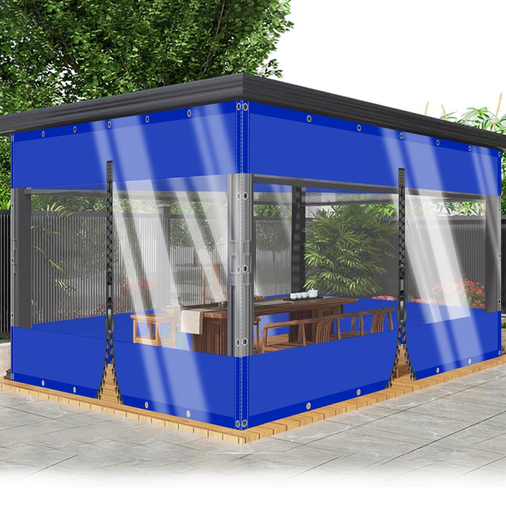 Transparent Spliced PVC Tarp with Metal Grommets for Outdoor Use, 0.5 mm Thick, Blue, 1 Zipper, H 5.5 m × W 6.5 m