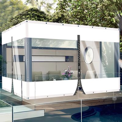 Transparent Spliced PVC Tarp with Metal Grommets for Outdoor Use, 0.5 mm Thick, Garage, Patio, Garden, Balcony (White, 1 Zipper, H: 4 m, W: 6.5 m)