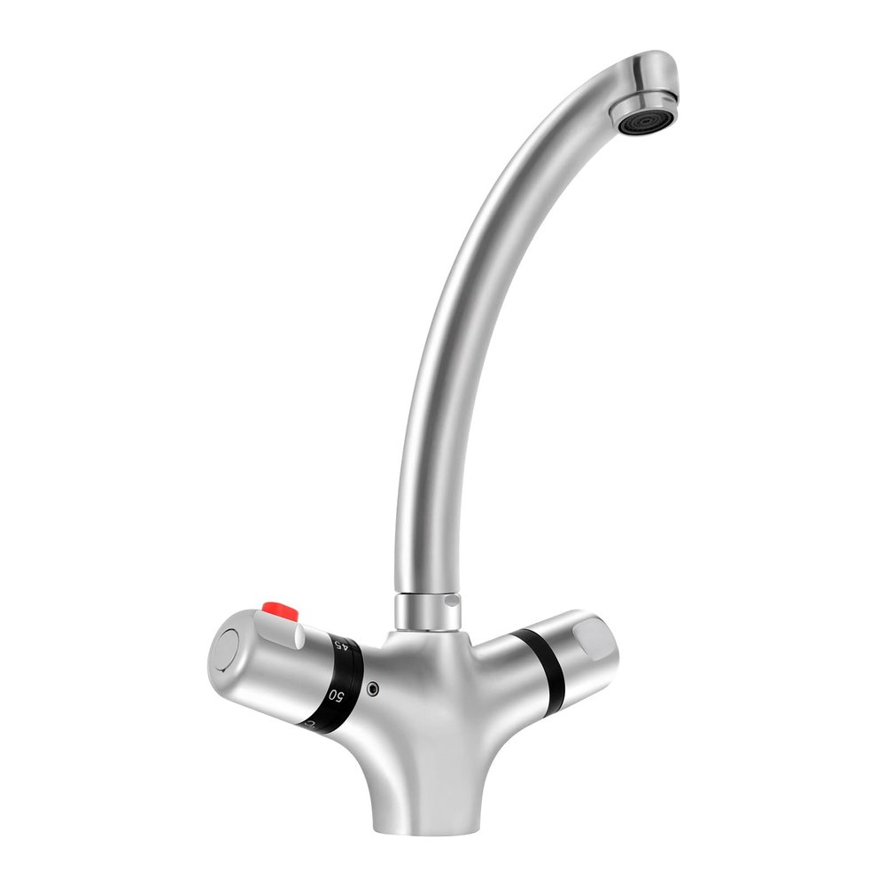 Thermostatic Bathroom Sink Faucet, Deck-Mounted, Single-Hole, Brushed Stainless Steel