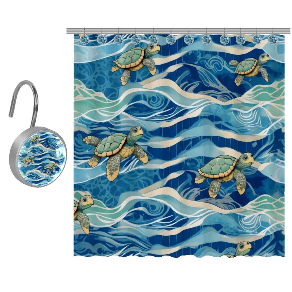 Eslifey Long Shower Curtain Set, 36 x 72.4 in, Blue Wave Stripes and Sea Turtle Pattern, 9 Hooks