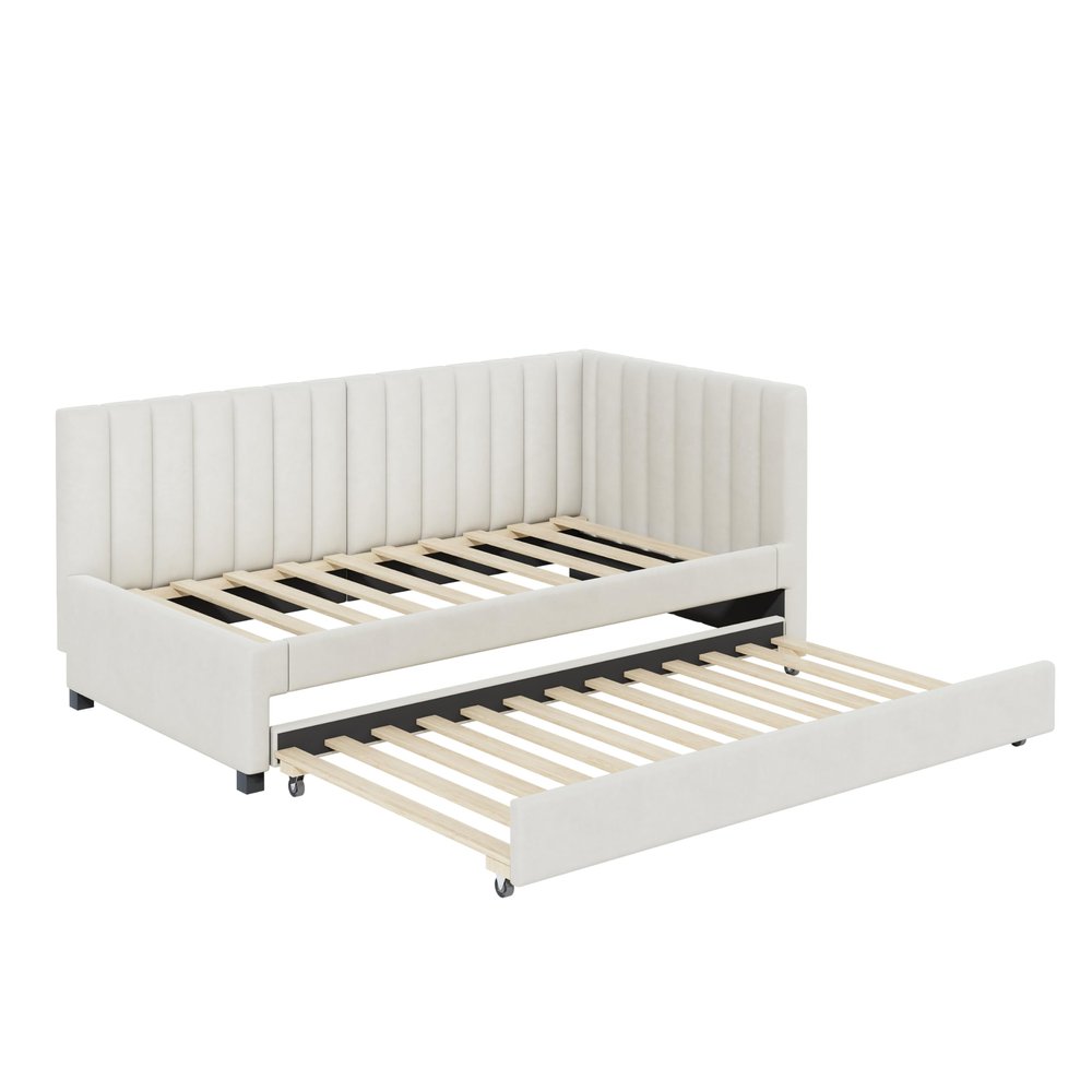 Multifunctional Upholstered Pull-Out Sofa Bed, Beige Flannel, 90 x 200 cm