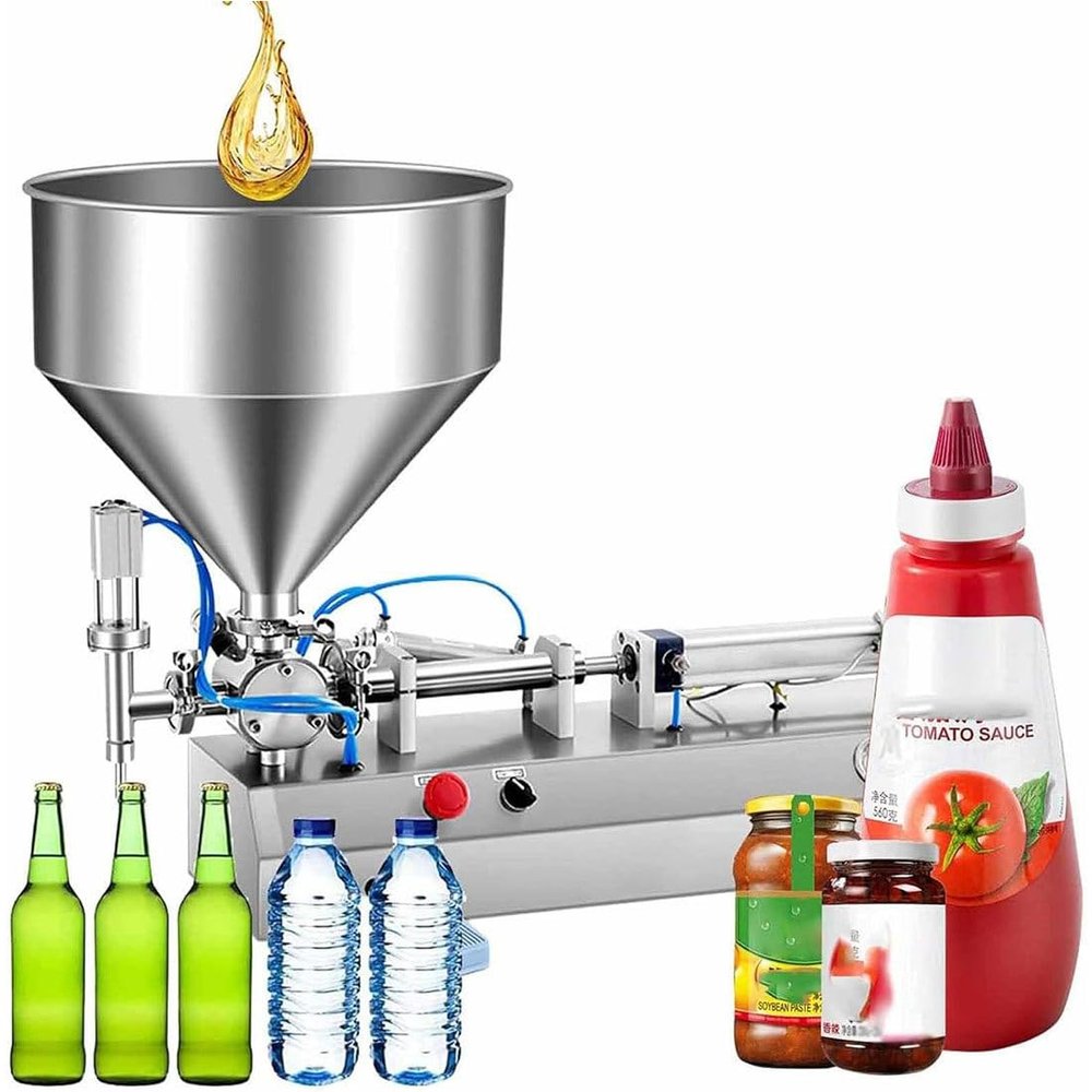 GJBMXSM Pneumatic Liquid Filling Machine, Semi-Automatic Paste Filler, Dual-Purpose Horizontal Paste and Liquid Filler, 35 L Mixing Hopper, 5–40 mL