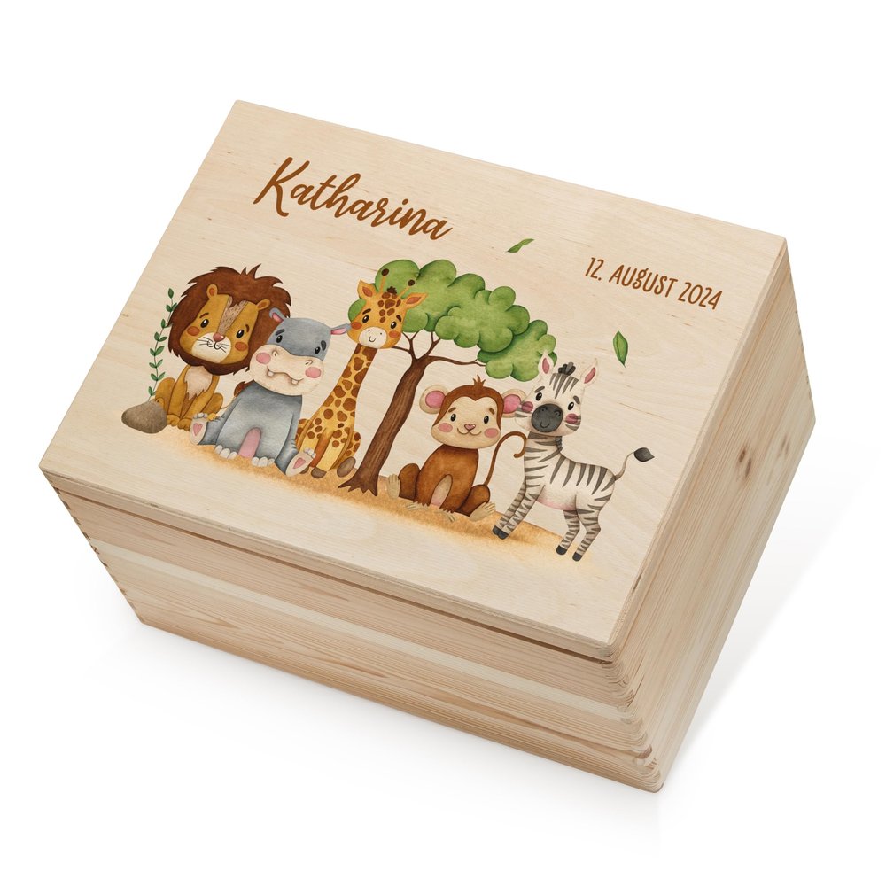 Lillet Safari Friends Keepsake Box (001.06.03) – Baby Memory Box with High-Quality Color Print – Wooden Keepsake Box – Birth Gift for Girl or Boy