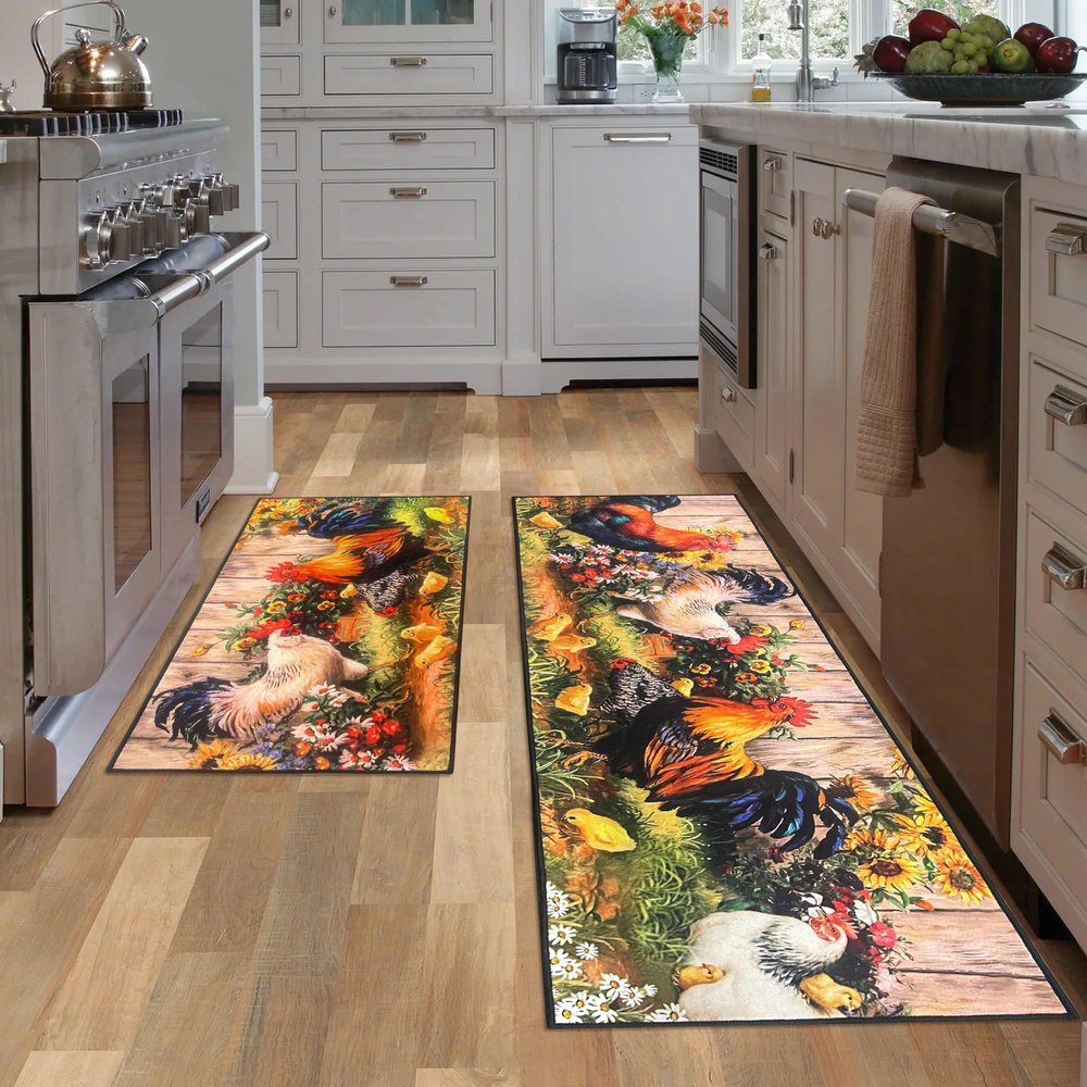 JWXCBIM Rooster Kitchen Rugs, Farmhouse Style, Sunflower Decor, Non-Slip, Absorbent and Washable, 17 x 30 in + 17 x 51 in