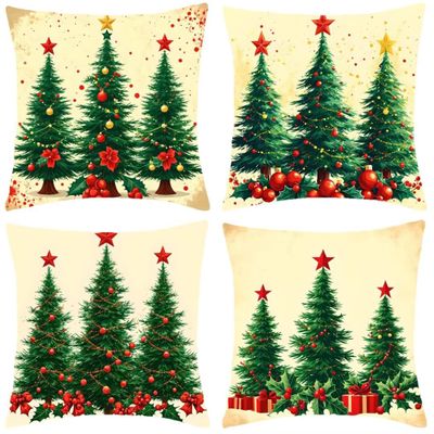 Christmas Linen Pillow Covers 16 x 16 in, Set of 4