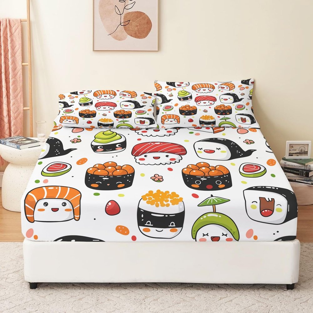 Soft Breathable Fitted Sheet 180 x 200 cm, Kawaii Sushi Figures, 30 cm Deep, Microfiber, Multicolor