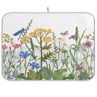 Ksajwzf Dish Drying Mat with Colorful Herbs and Flowers, 45.7 x 61 cm
