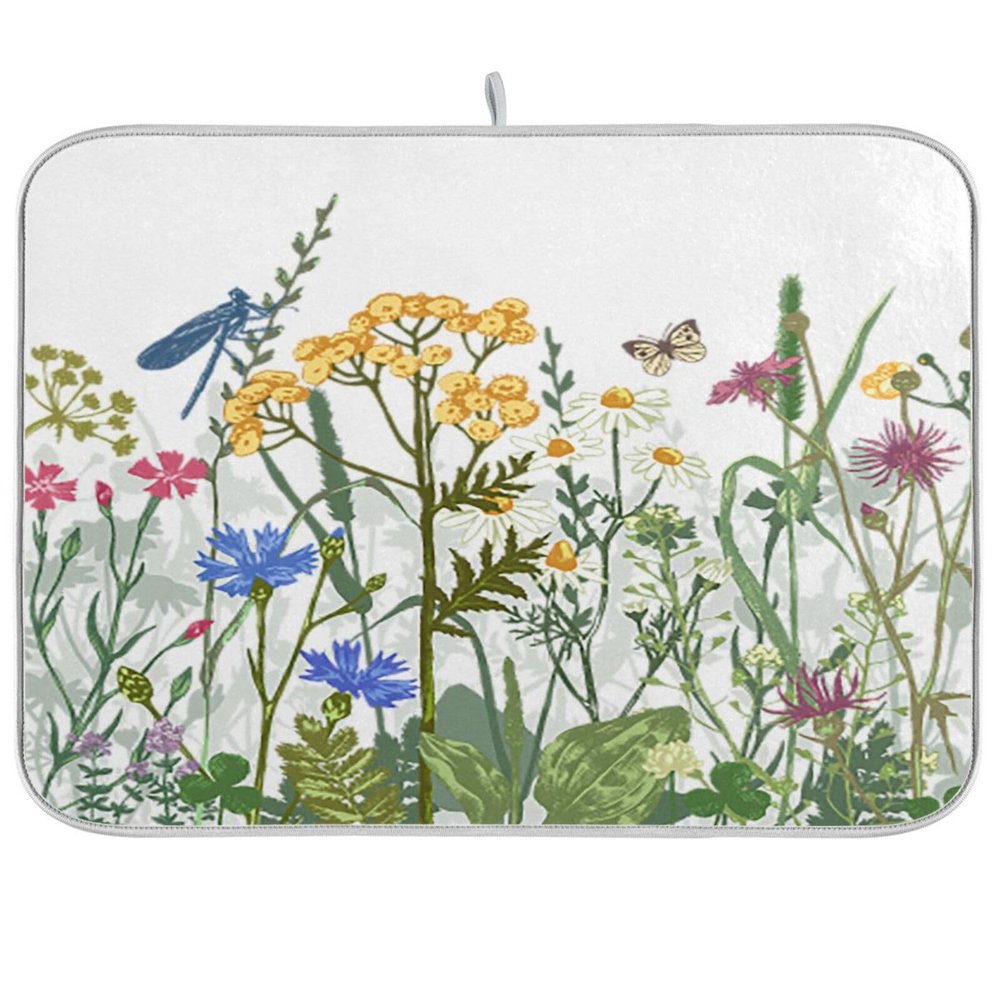Ksajwzf Dish Drying Mat with Colorful Herbs and Flowers, 45.7 x 61 cm