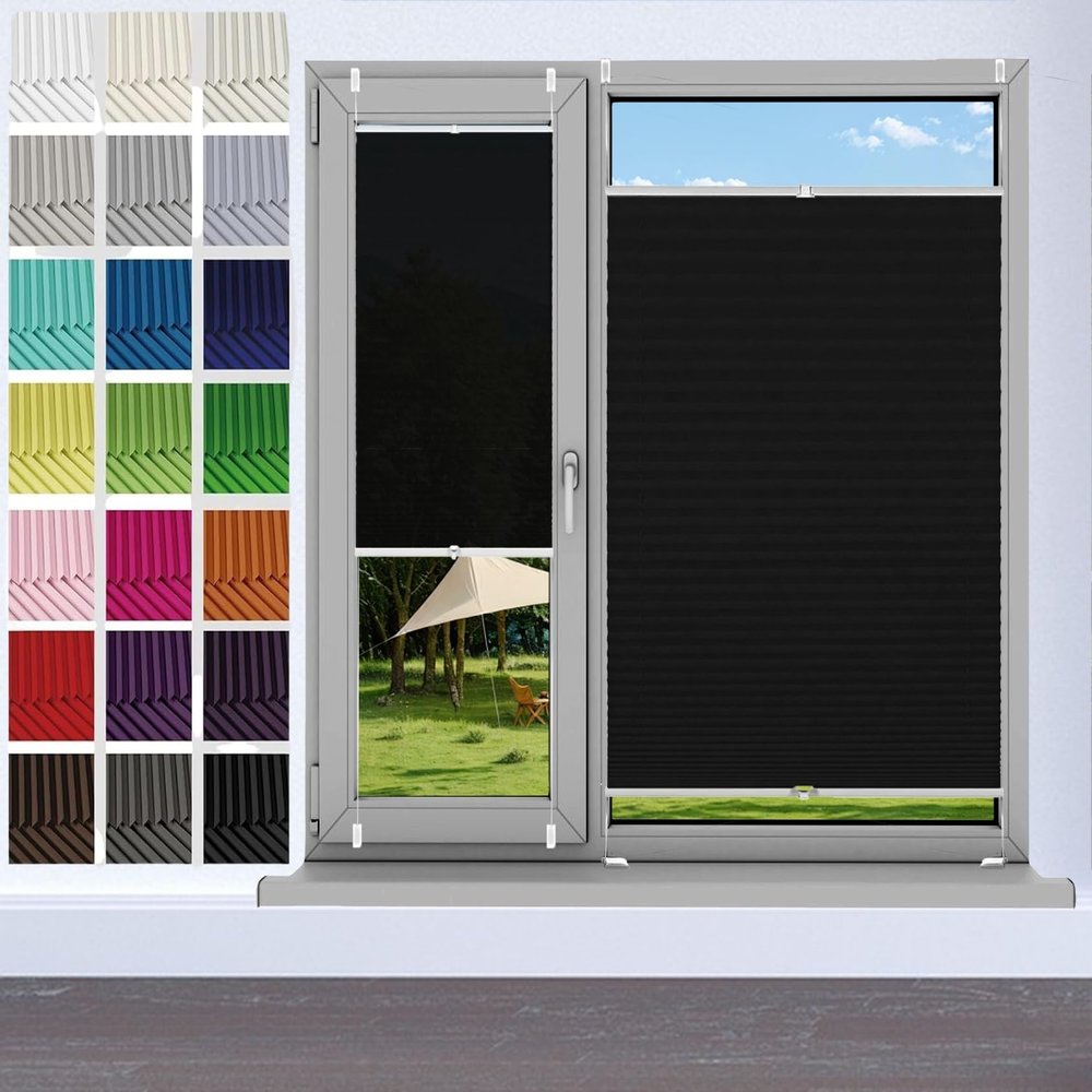 Pleated Blind Without Drilling, 74 x 110 cm, Light-Filtering, Black