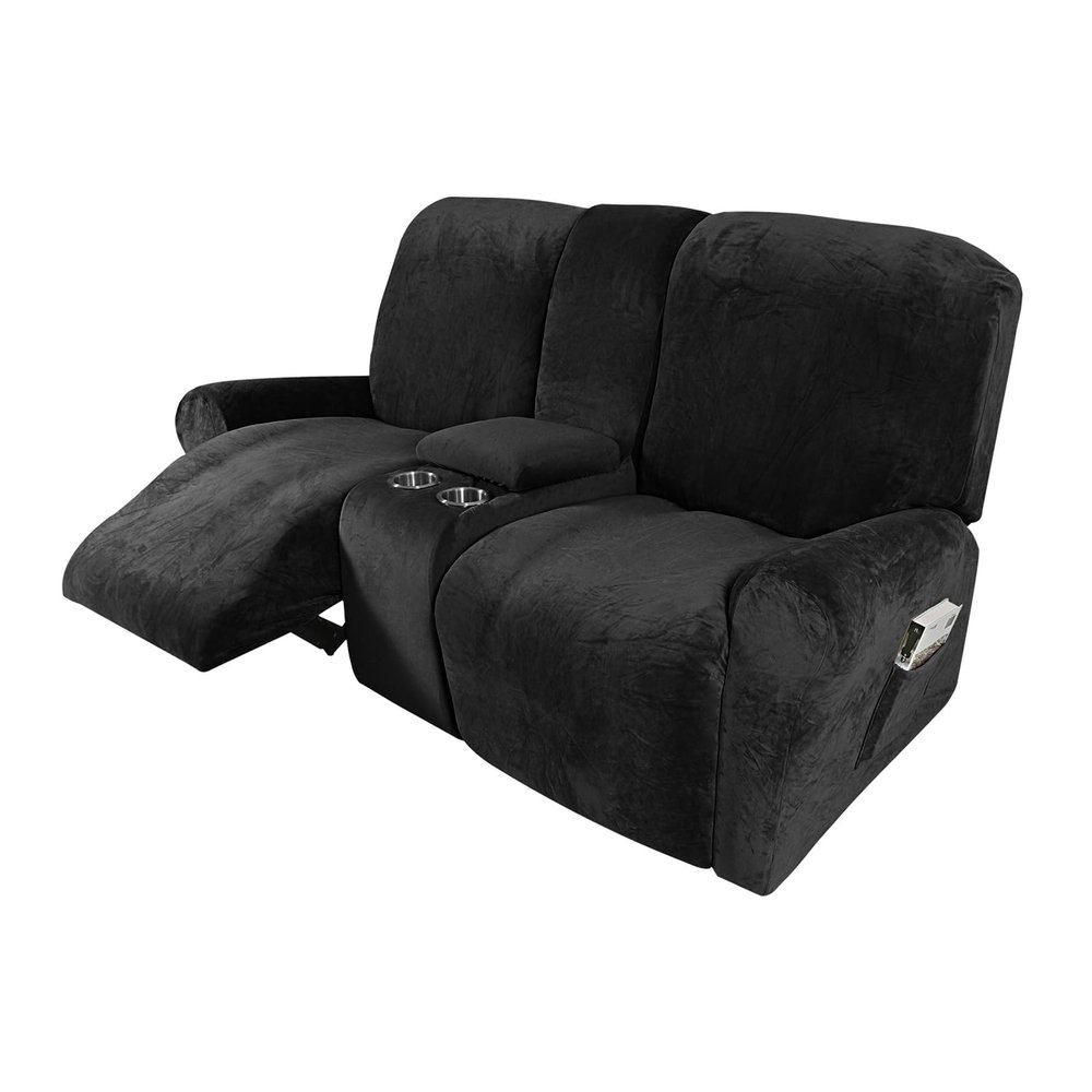 HYPIQQ Stretch Reclining Loveseat Covers with Center Console, 8-Piece, Jet Black