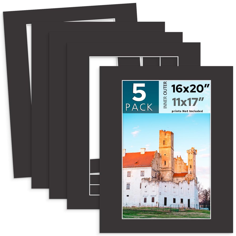 MBC Mat Board Center, 5-Pack 40.6 x 50.8 cm Black Picture Mats for 28.9 x 43.2 cm Photos, Beveled Cut, Acid-Free, 4-Ply