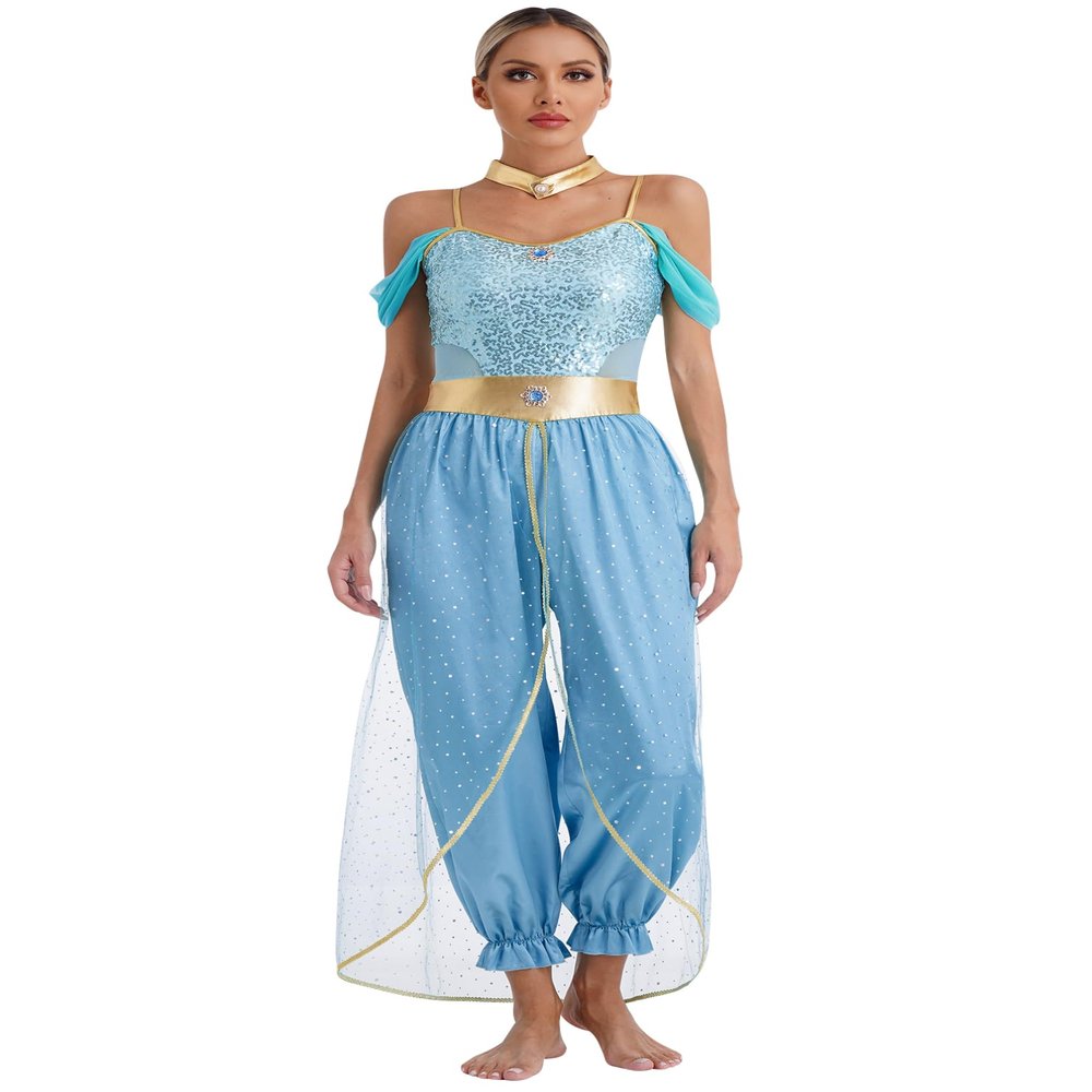 TiaoBug Women's Princess Costume Set with Sequined Crop Top, Wide-Leg Pants and Rhinestone Headband, Blue