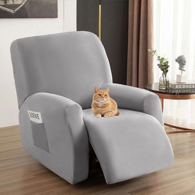 Chickwin Recliner Cover with Pockets, Stretch Velvet Slipcover with Armrests, 1 Seat, Light Gray