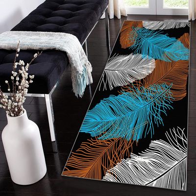 Siunwdiy Hallway Runner Rug, Non-Slip Washable, 140 x 180 cm, Blue/Brown Feather Pattern