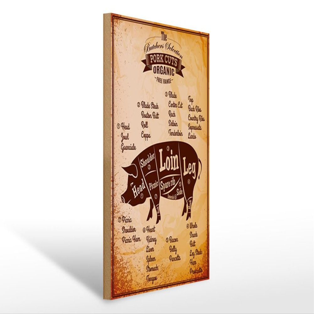 Wooden Sign 12 x 18 cm Butchers Selection Pork Cuts Organic Butcher Shop - DekoNo7