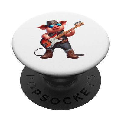 Pig Playing Bass Guitar Costume Rock Lover Farmer Kids PopSockets with Interchangeable PopGrip