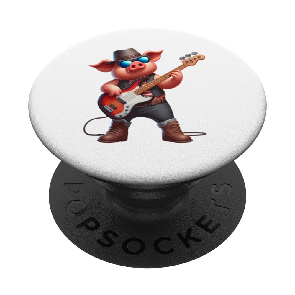 Pig Playing Bass Guitar Costume Rock Lover Farmer Kids PopSockets with Interchangeable PopGrip