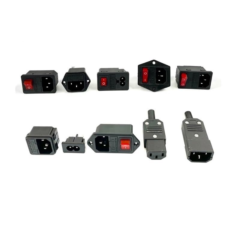 AC Electrical Socket, 3-Pin, Red LED, 250V Rocker Switch, 10A Fuse, Female/Male Inlet Plug Connector, 2-Pin Socket, AUOQKQUT (AC-02)