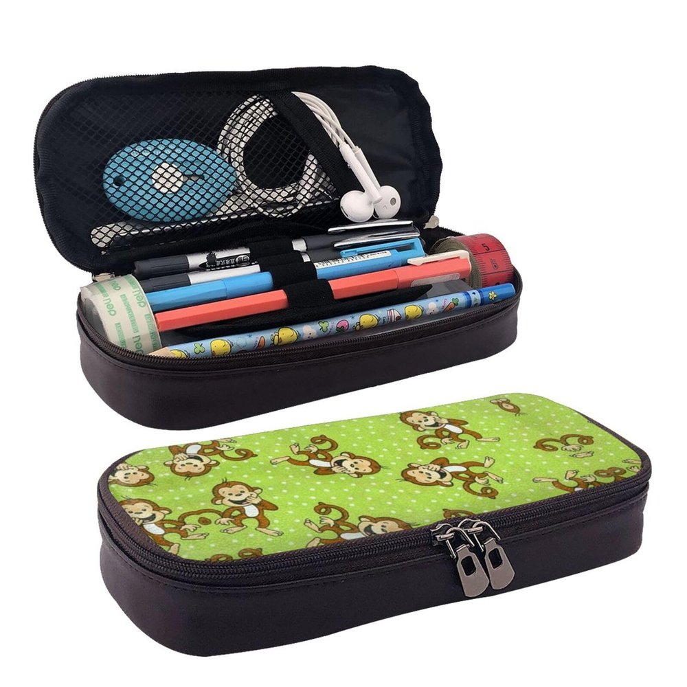 HAHAFU Personalized Leather Pencil Case for Girls and Boys, Green Clever Monkey
