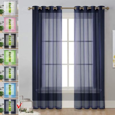 Sheer Voile Curtain, Dark Blue, 80 x 155 cm, Semi-Transparent, Linen Look, with Eyelets
