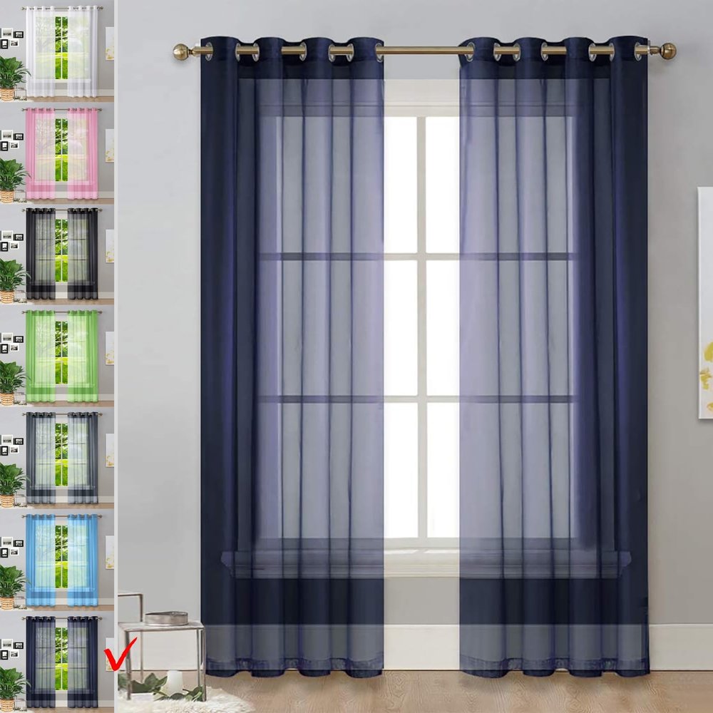 Sheer Voile Curtain, Dark Blue, 80 x 155 cm, Semi-Transparent, Linen Look, with Eyelets
