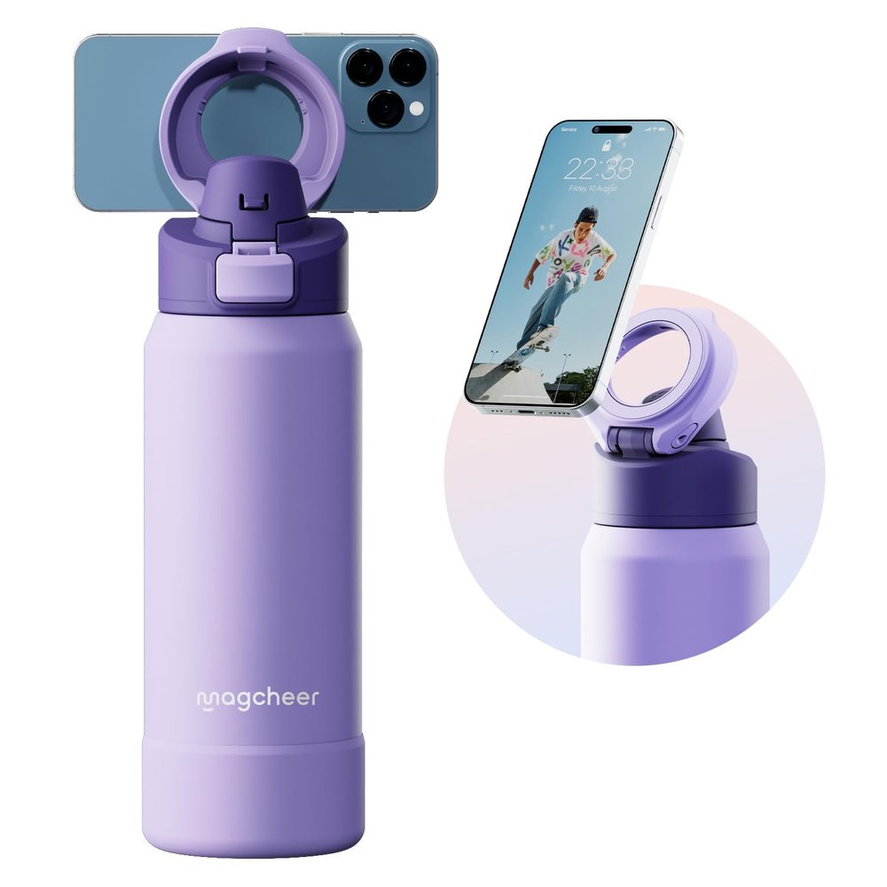 Magcheer Insulated Water Bottle with Phone Holder, 1 L (Purple)