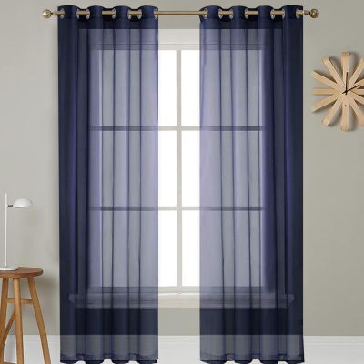 GAIFNAG Linen-Look Voile Curtains 120 x 180 cm, Sheer, Washable, Dark Blue