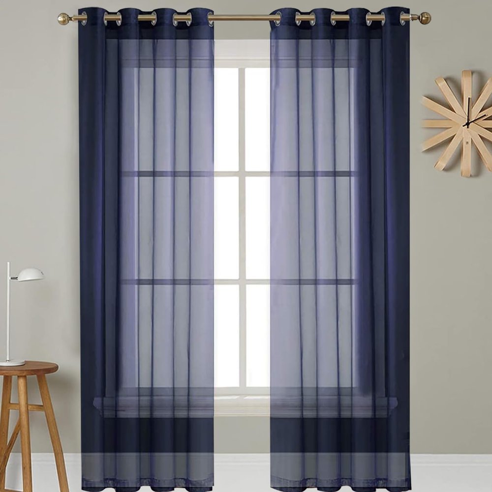 GAIFNAG Linen-Look Voile Curtains 120 x 180 cm, Sheer, Washable, Dark Blue