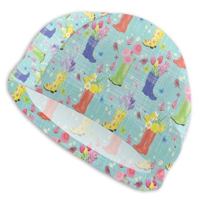 Elastic Swim Cap with Vertical Stripes, Doodles, Stars, Hearts, Dots and Fun Ponies for Men, Women and Teens