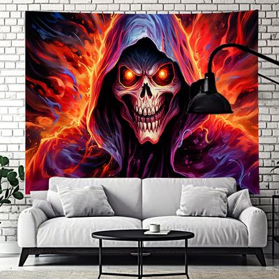 YHXBD Halloween Skull Tapestry, Horror Skeleton Pumpkin, Fluorescent Goth Wall Hanging, 150 x 100 cm