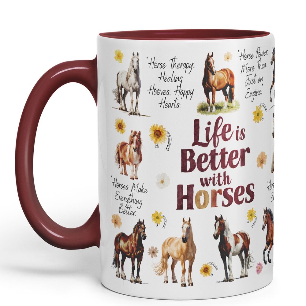 Vixar Ceramic Mug "Life is Better with Horses" for Tea, Coffee and Hot Drinks, 330 ml, Gift (Chestnut Brown)