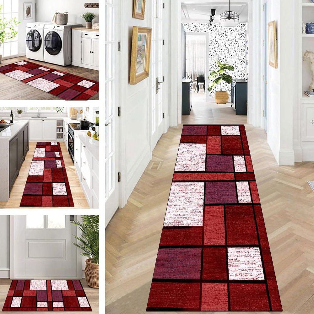 ZUZEKU Washable Non-Slip Hallway Runner Rug, 50 x 150 cm, Red and White