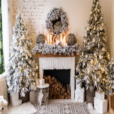 CORFOTO 3.5 x 2.5 m Christmas Tree and Fireplace Photo Backdrop