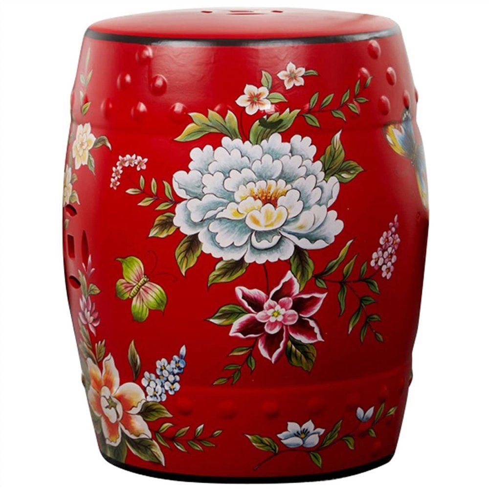 HBJJJ Decorative Ceramic Garden Stool with Hand-Painted Floral Design, Red B001-4