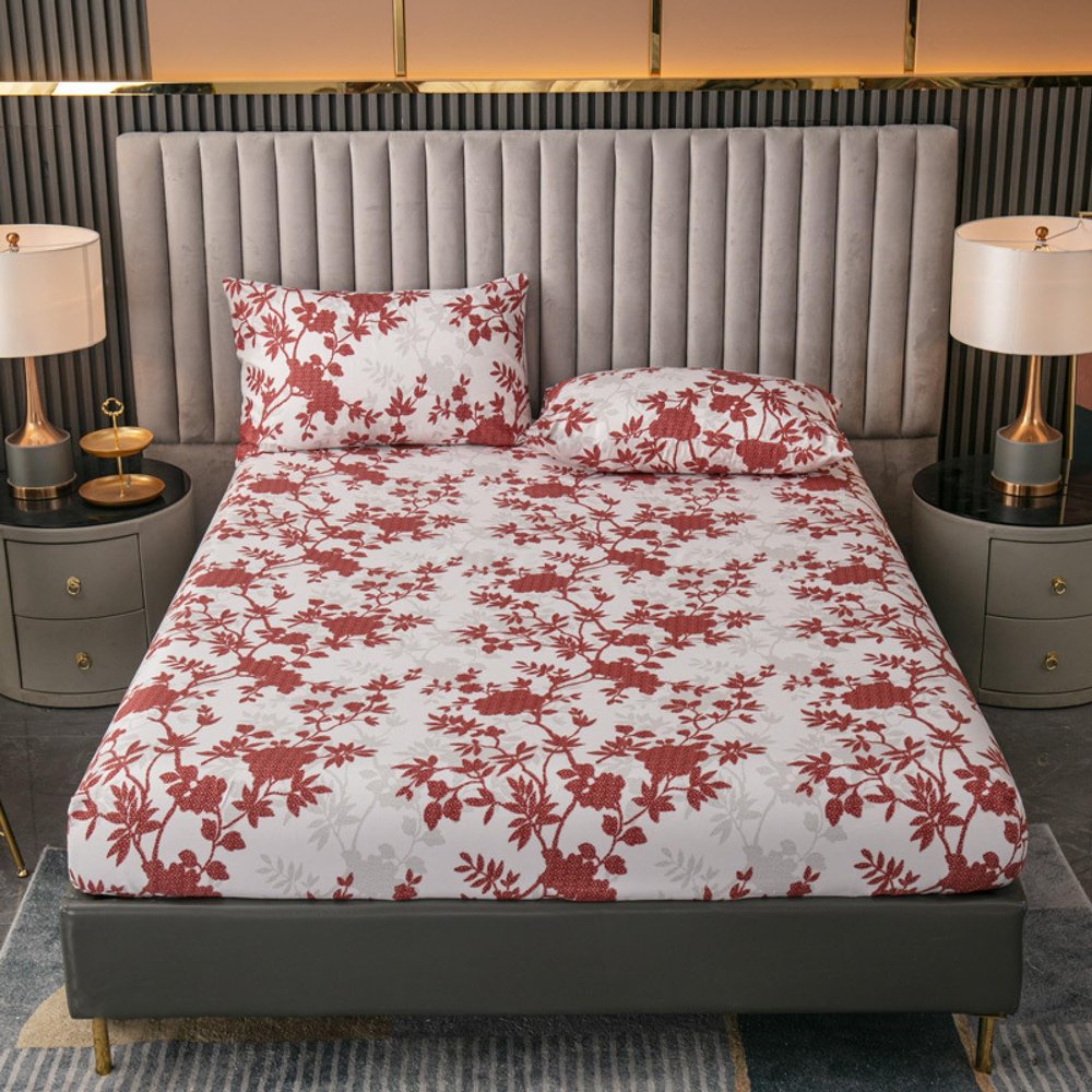 FOREPOTY Deep-Pocket Fitted Sheet, Brushed Printed Polyester, Rose, Full 138 x 190 x 30 cm, 3-Piece Set