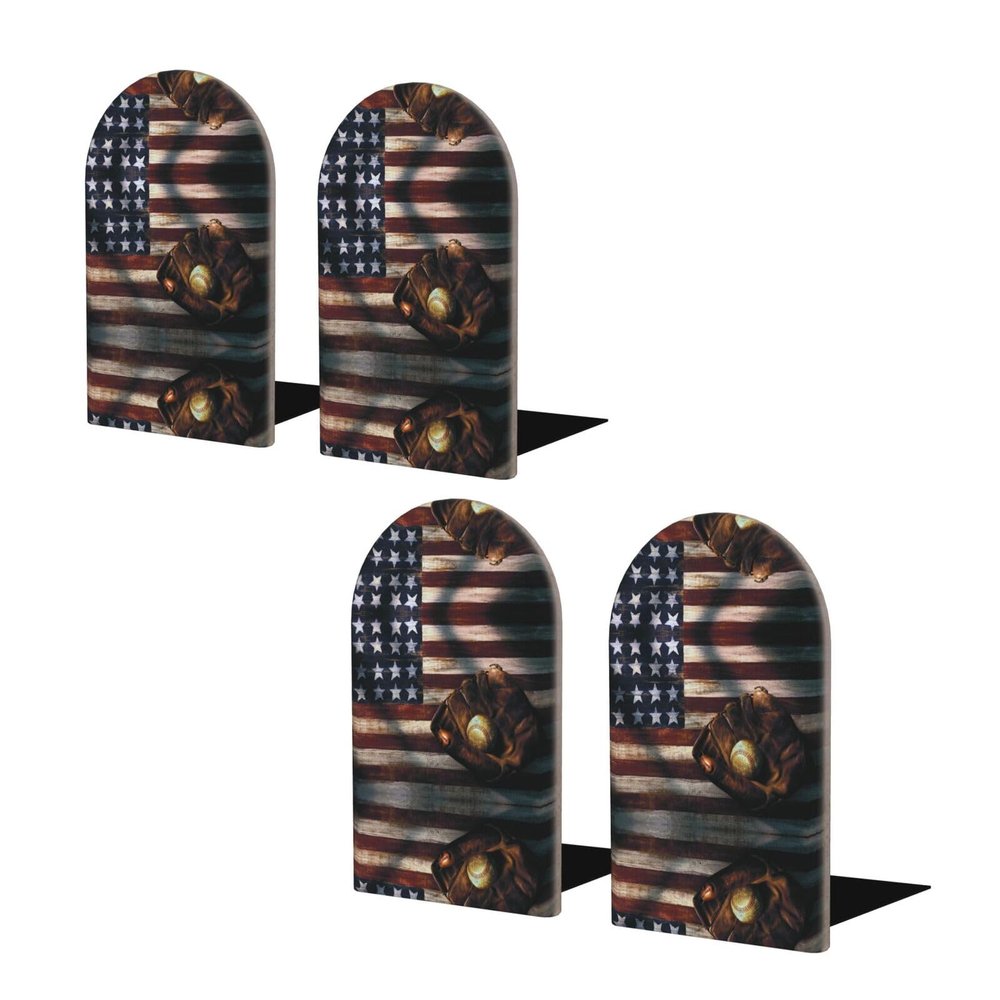 Wooden Bookends, American Flag Baseball Design, 2-Pack