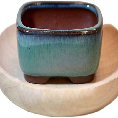 Small Green-Blue Glazed Succulent Planter with Brick Core