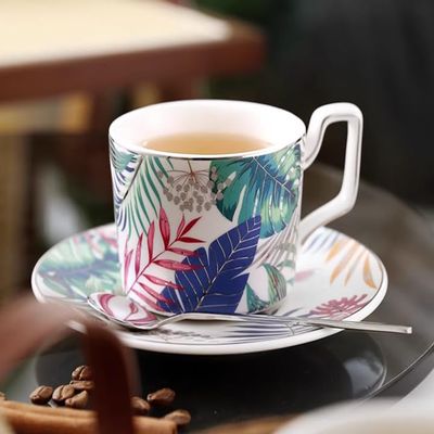 DECRZPB Ceramic Coffee and Tea Cup with Saucer, Tropical Leaves